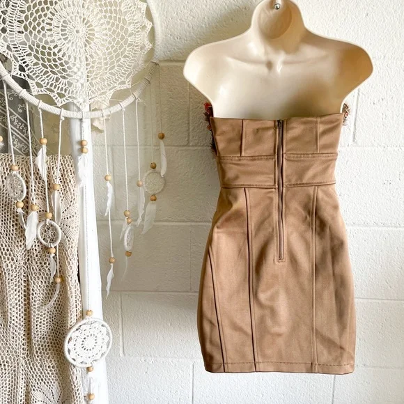 NWOT Strapless Golden Brown Feather Bust Mini Dress - Picture 6 of 12